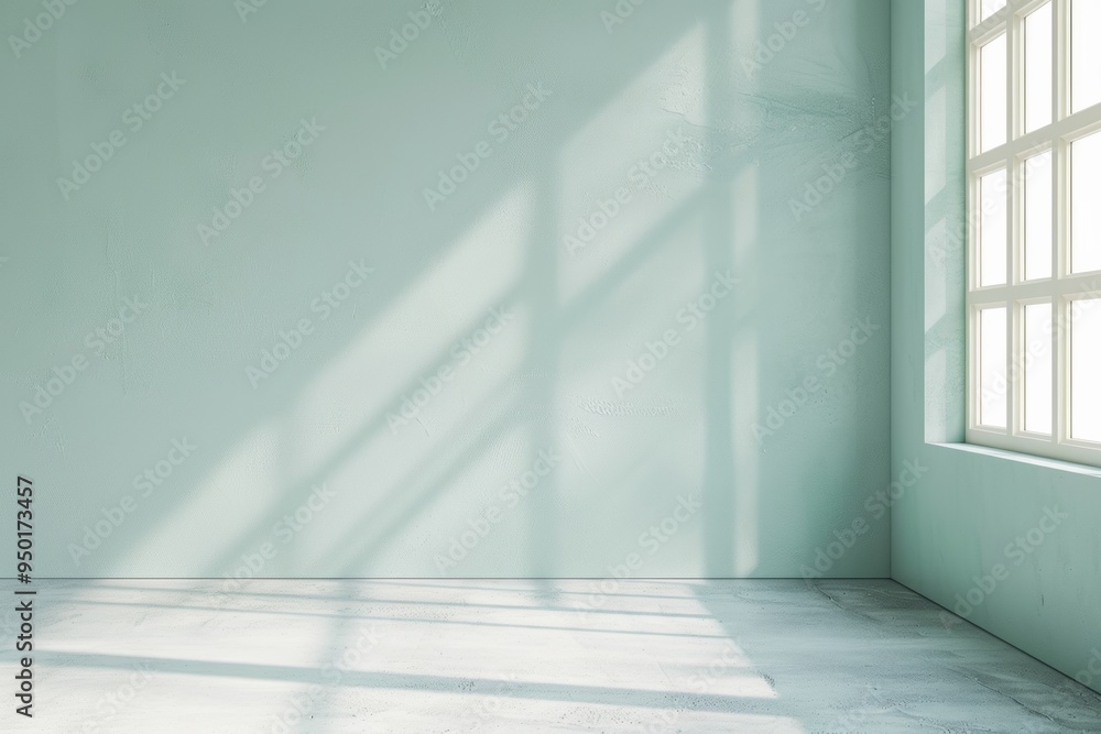 Obraz premium Modern Minimalist Mockup Soft White Concrete Surface with Pastel Teal Window for Elegant Branding - Serene Afternoon Lighting