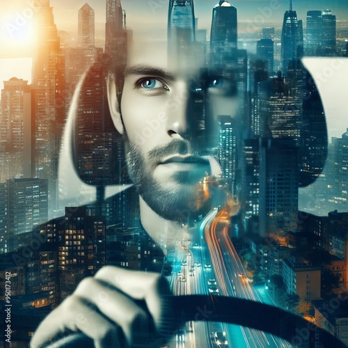 Double Exposure Driver's face blended with a cityscape symbolizi photo