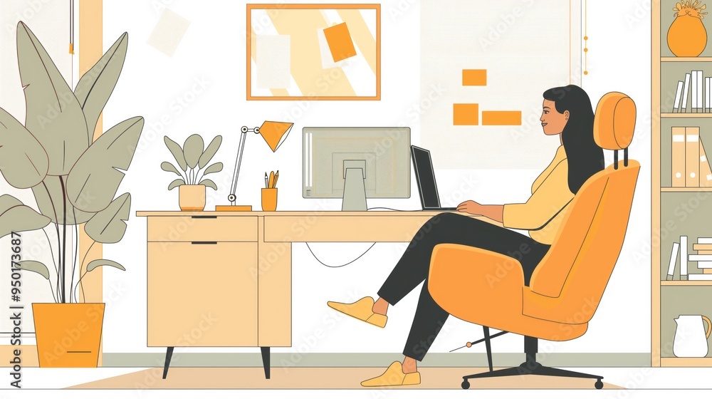 Woman Working at Home Office Desk with Laptop and Computer Woman Working at Home Office Desk with Laptop and Computer