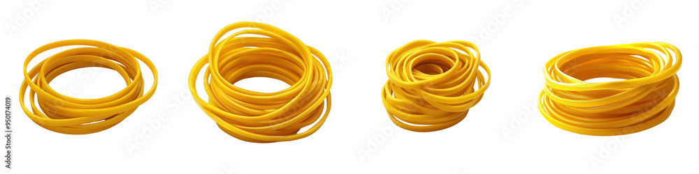 Four rolls of vibrant yellow rubber bands arranged in various sizes, perfect for office or craft use. Four rolls of vibrant yellow rubber bands arranged in various sizes, perfect for office or craft use.