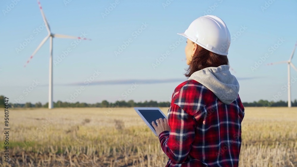 Woman engineer wearing a white protective helmet is taking notes with a tablet computer on a field with wind turbines, as the sun sets. Clean energy and engineering concept Woman engineer wearing a white protective helmet is taking notes with a tablet computer on a field with wind turbines, as the sun sets. Clean energy and engineering concept