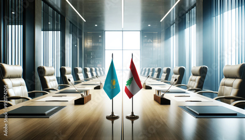 A modern conference room with Kazakhstan and Lebanon flags on a long table, symbolizing a bilateral meeting or diplomatic discussions between the two nations. photo