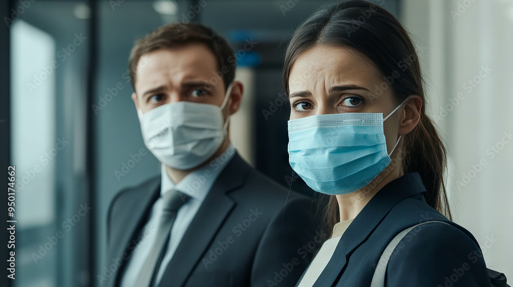 people in suits and medical masks stand next to each other, looking into the frame people in suits and medical masks stand next to each other, looking into the frame