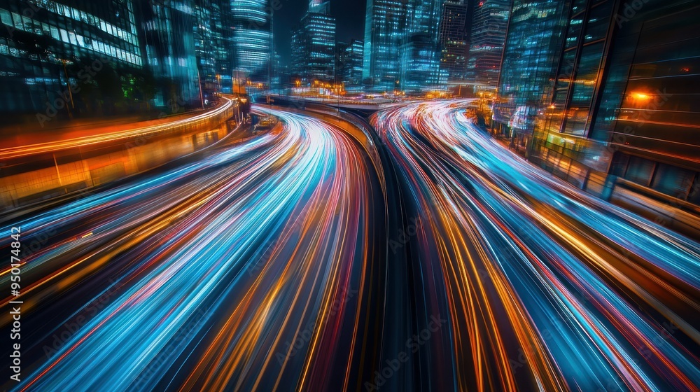 Urban Nighttime Highway with Blurry Light Trails Urban Nighttime Highway with Blurry Light Trails