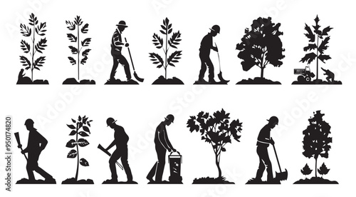 Collection of Gardener Silhouettes with Tools and Plants Isolated on White Background