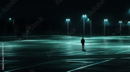 A lone figure walking through an empty parking lot at night illuminated by street lights