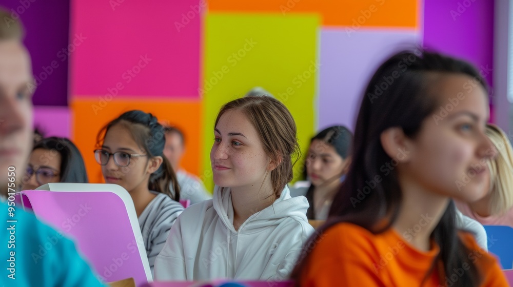 Multicultural Teenagers Engaged in Interactive English Language Class with Supportive Female Teacher in Brightly Colored Classroom, Daytime, Focused Learning Environment Multicultural Teenagers Engaged in Interactive English Language Class with Supportive Female Teacher in Brightly Colored Classroom, Daytime, Focused Learning Environment