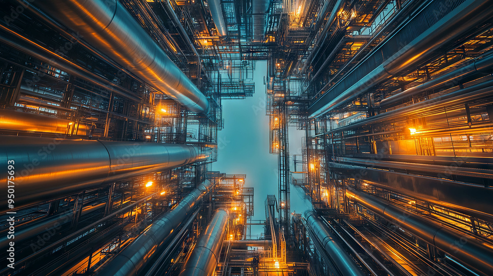 oil refinery, bottom view oil refinery, bottom view
