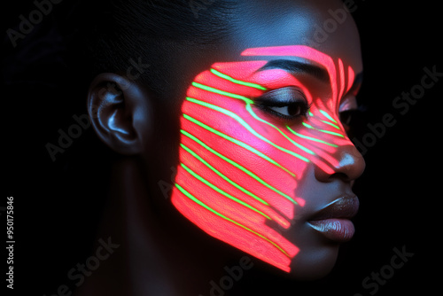 Profile of Woman with Neon Face Art in Dark Light