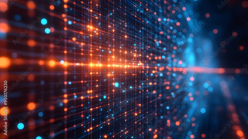 High-tech digital grid with glowing particles, evoking the precision and depth of scientific research High-tech digital grid with glowing particles, evoking the precision and depth of scientific research