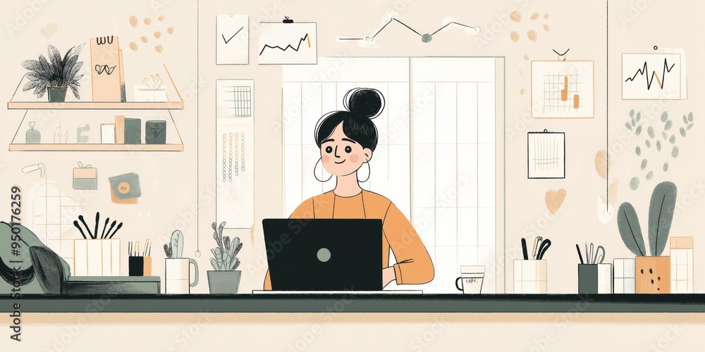 Woman Working on Laptop at Home Office Desk Woman Working on Laptop at Home Office Desk