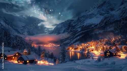 Enchanting Aurora Borealis Over Snowy Mountain Village at Night