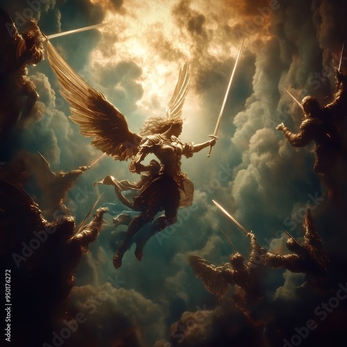 Sword battle between angels and demons in heaven, a biblical fight for the control of human souls, a war waged in heaven between sword-wielding angels against demons