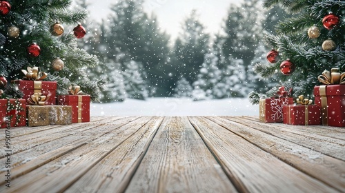 close up Christmas scene with Christmas attributes tree and gifts on the left and right sides, the central part has a lot of free space, perspective wooden floor, background snow garden, image
