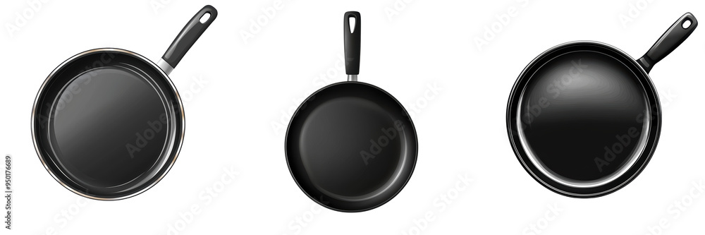 Collection of three sleek black frying pans for modern kitchens, showcasing various sizes and designs. Collection of three sleek black frying pans for modern kitchens, showcasing various sizes and designs.