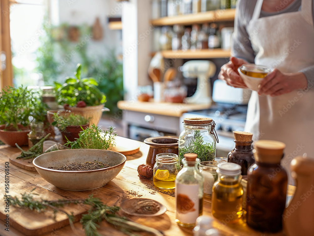 Wide-Angle View of a Cozy Kitchen with Fresh Herbs Wide-Angle View of a Cozy Kitchen with Fresh Herbs