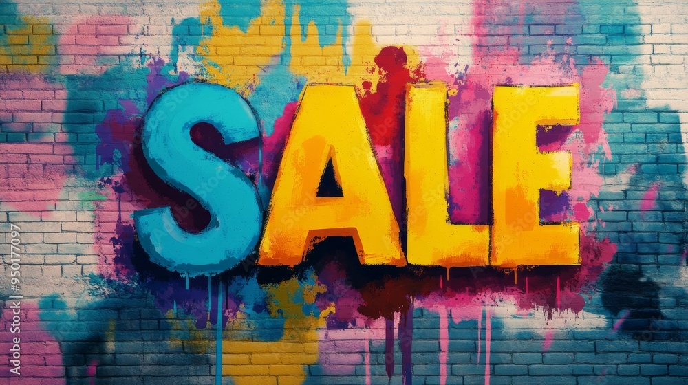 Colorful Graffiti Sale Sign on Brick Wall. Colorful Graffiti Sale Sign on Brick Wall.