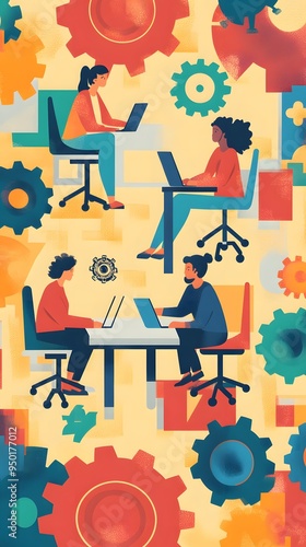 Illustration of diverse people sitting around a table, working together on a project with gears and abstract shapes in the background representing innovation, a business team work concept