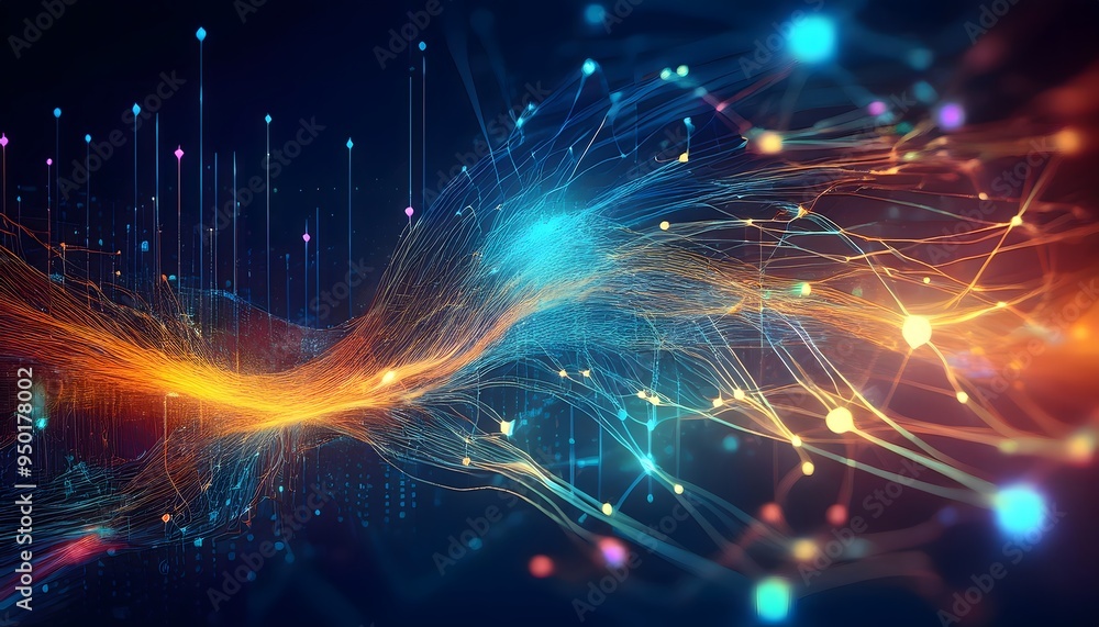 Fototapeta premium Technology Network Digital Data Flow Artificial Intelligence data processing visualization. Wireless data transmission. Data Science Machine Learning concept background wallpaper