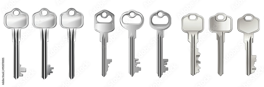 A collection of silver keys arranged in a row, showcasing various designs and shapes, ideal for security and access illustrations. A collection of silver keys arranged in a row, showcasing various designs and shapes, ideal for security and access illustrations.