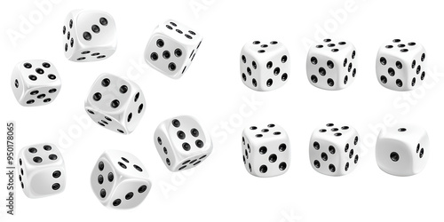 A collection of realistic white dice with black dots, perfect for games, gambling, and tabletop activities.