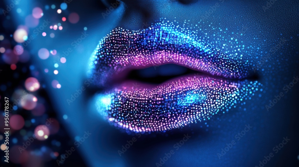 Close-up of glowing particles forming woman lips on a dark background. Digital art style on a blue backdrop. Concept of digital beauty and technology Close-up of glowing particles forming woman lips on a dark background. Digital art style on a blue backdrop. Concept of digital beauty and technology