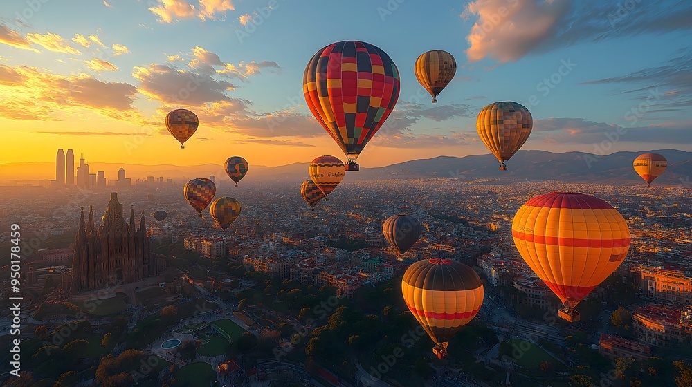 Obraz premium Many hot air balloons soaring over Barcelona with a focus on realistic daylight..