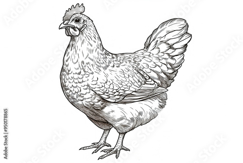 Chicken sketch. Vintage retro print, hand-drawn illustration chicken, high detail, engraving technique, detailed black and white ink drawing, chicken portrait. Side view profile. Illustration