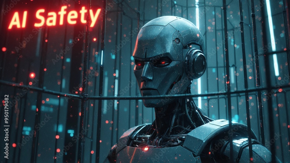 AI Robot in Cage Symbolizing Safety Concerns AI Robot in Cage Symbolizing Safety Concerns