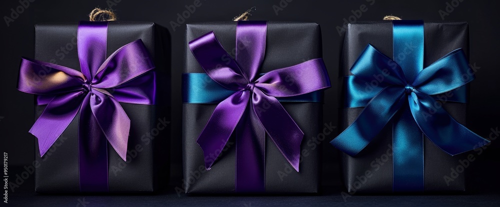 Three Black Gift Boxes with Purple and Blue Ribbon Bows Three Black Gift Boxes with Purple and Blue Ribbon Bows