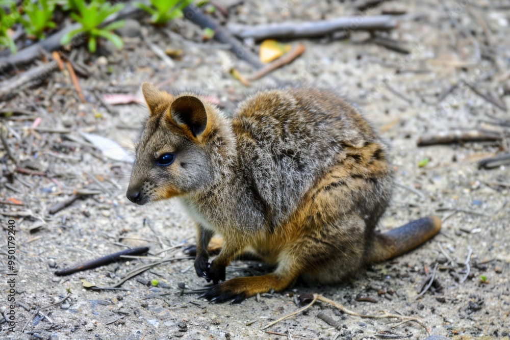 A small brown and white animal with a black nose and ears is sitting on the ground. It is a kangaroo A small brown and white animal with a black nose and ears is sitting on the ground. It is a kangaroo
