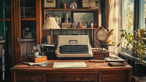 Vintage Typewriter on a Wooden Desk with a Window View