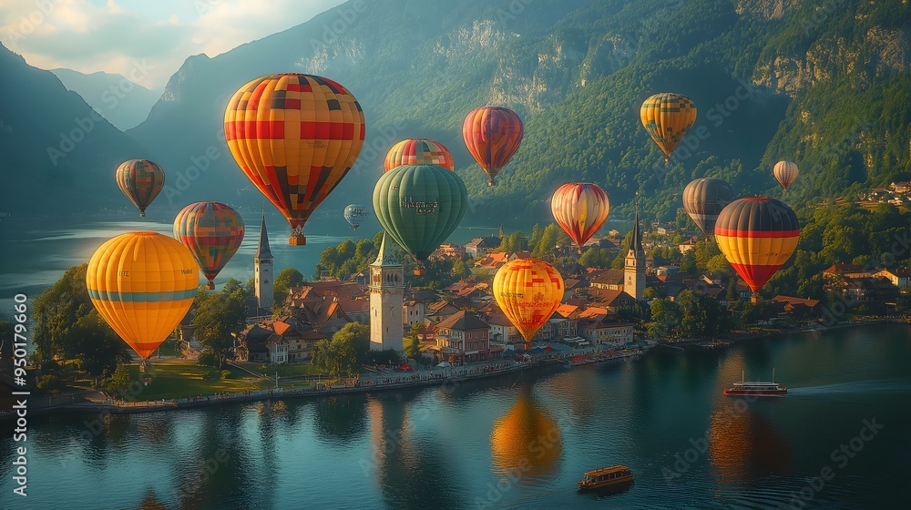 Fototapeta premium Many hot air balloons above Hallstatt, Austria, in a realistic daylight setting..