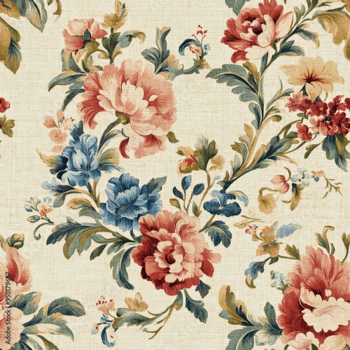 Vintage Baroque floral medallion pattern on vintage beige fabric background, seamless repeating pattern, textile print style, minimal, Baroque design, seamless floral medallion pattern, home decor