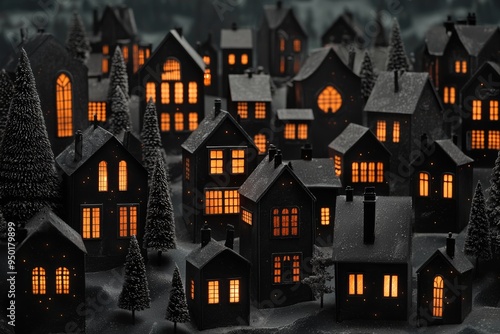 A 3D black Christmas village with glowing orange windows. scene evoke both the comfort and eeriness of the holiday season