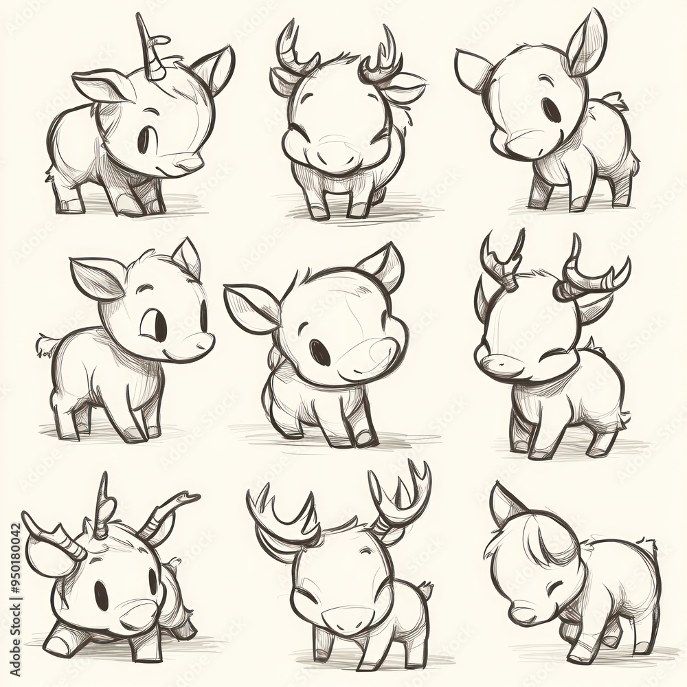 Obraz premium A collection of cute animal sketches featuring various stylized cows and deer.