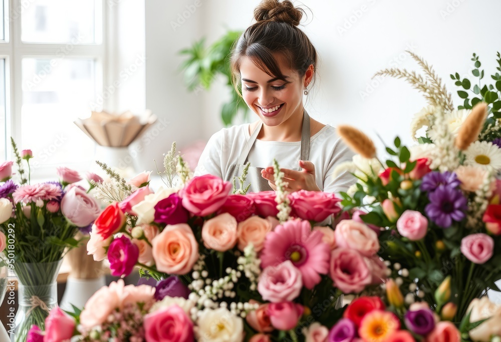 Florist arranging bouquets with a dreamy content smile Florist arranging bouquets with a dreamy content smile