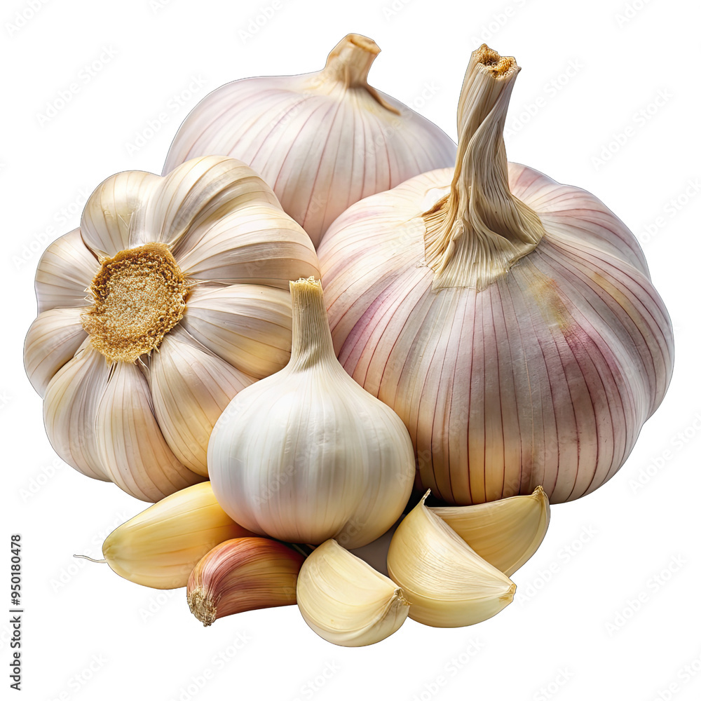 Obraz premium A group of whole garlic bulbs and peeled cloves, arranged together on a white background