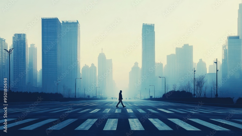 A Solitary Figure Walking Across a Crosswalk in a Cityscape Underneath a Hazy Sky A Solitary Figure Walking Across a Crosswalk in a Cityscape Underneath a Hazy Sky