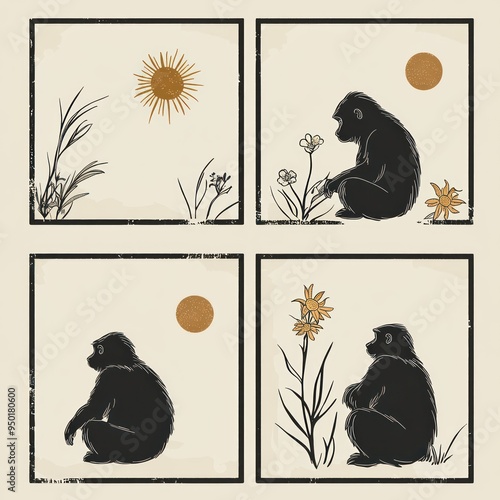 Four-panel illustration of a gorilla interacting with plants under a sun motif. photo