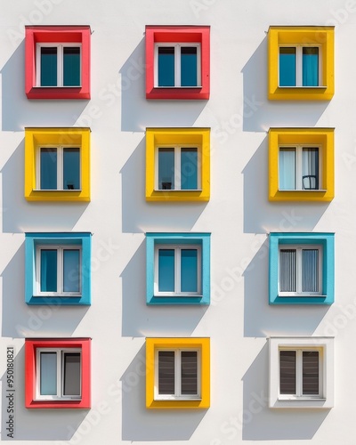 Colorful Pastel Windows on White Background Bright, Clean, and Repetitive Architectural Detail