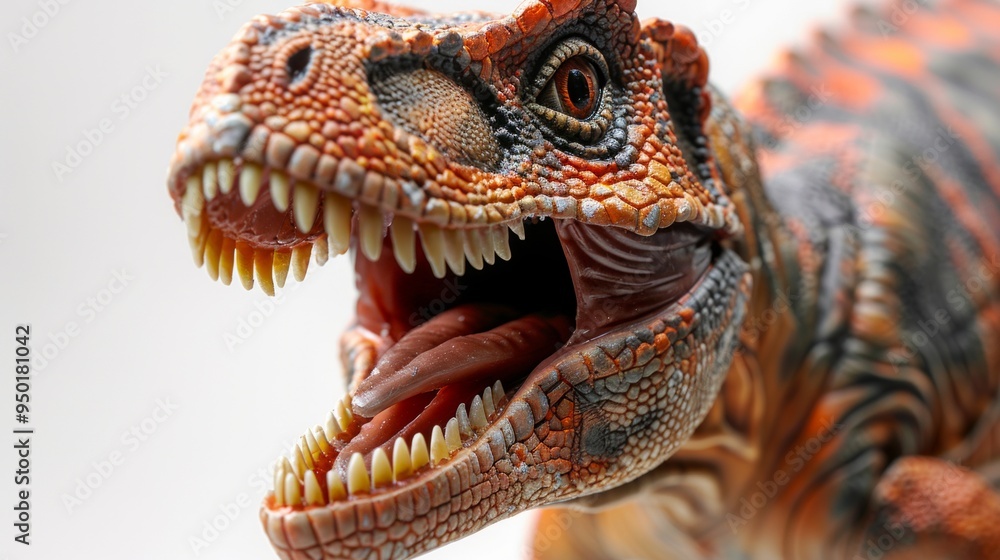 Fototapeta premium Close-up of a plastic T-Rex toy facing right, head turned left with sharp teeth displayed. Skin around mouth red, body striped in orange, black, yellow, and red on a white background.