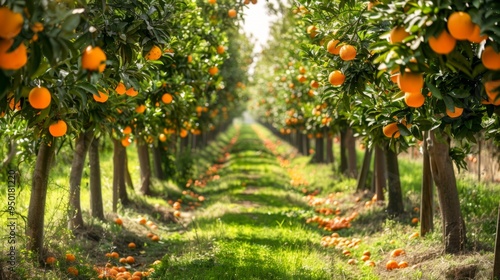 Lush orange grove with ripe fruit, neatly arranged trees, and a warm sunlit glow. Pathway adds depth to the vibrant scene. photo