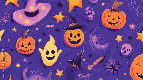 Halloween Pattern with Pumpkins, Ghosts, and Stars.