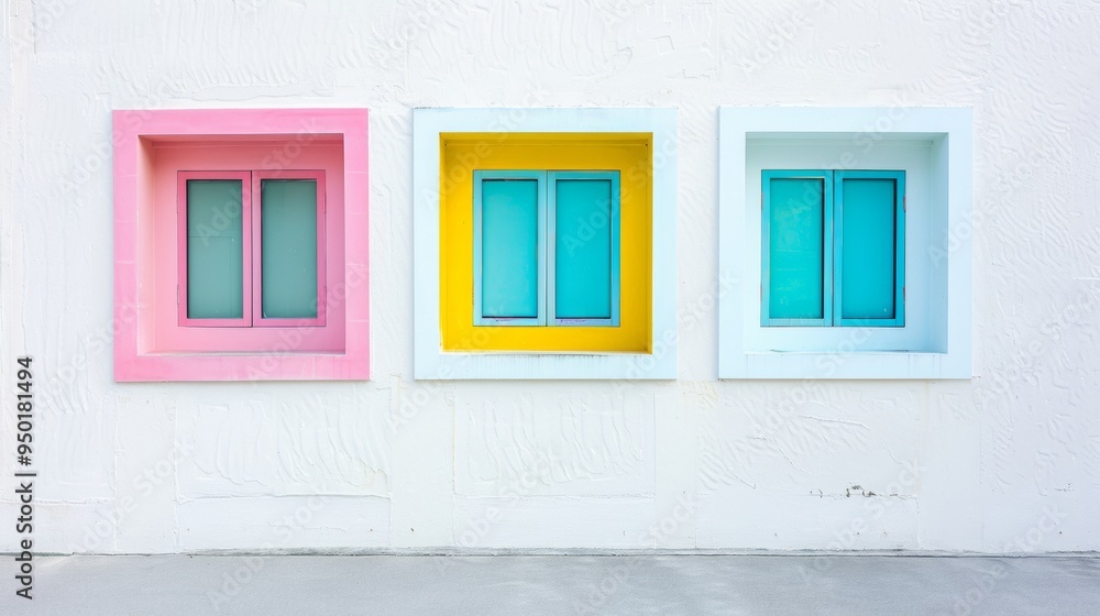 Minimalist Architectural Composition with Vibrant Teal, Pastel Yellow, Coral Pink, and Light Blue Windows on a Clean White Wall under Soft Diffused Lighting Minimalist Architectural Composition with Vibrant Teal, Pastel Yellow, Coral Pink, and Light Blue Windows on a Clean White Wall under Soft Diffused Lighting
