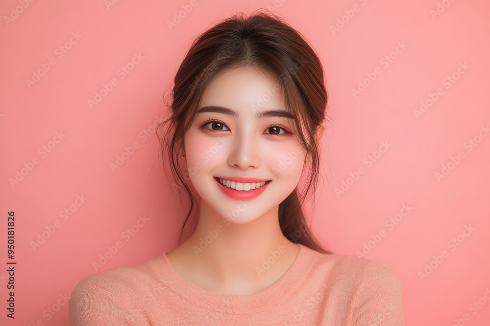 Positive female smiling on solid background Positive female smiling on solid background