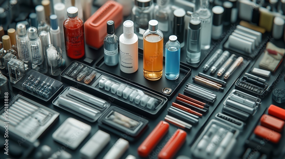 An array of cosmetic items including bottles, tubes, and palettes neatly arranged on a surface. The collection showcases various packaging designs and product types used in the beauty industry An array of cosmetic items including bottles, tubes, and palettes neatly arranged on a surface. The collection showcases various packaging designs and product types used in the beauty industry