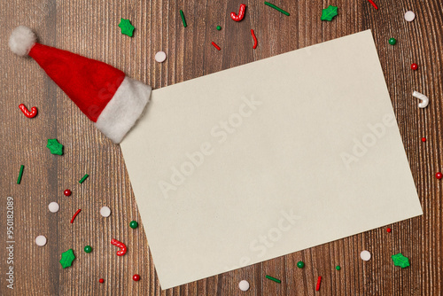 Empty white paper with candies on wooden background from above. Flat lay, top view. Space for text.