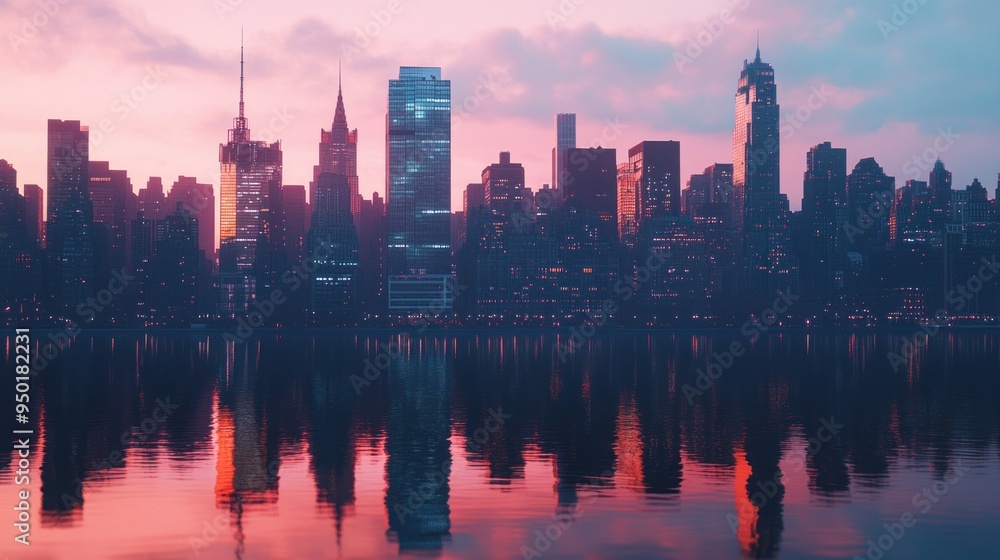 City Skyline Reflected in Pink Sunset Water City Skyline Reflected in Pink Sunset Water