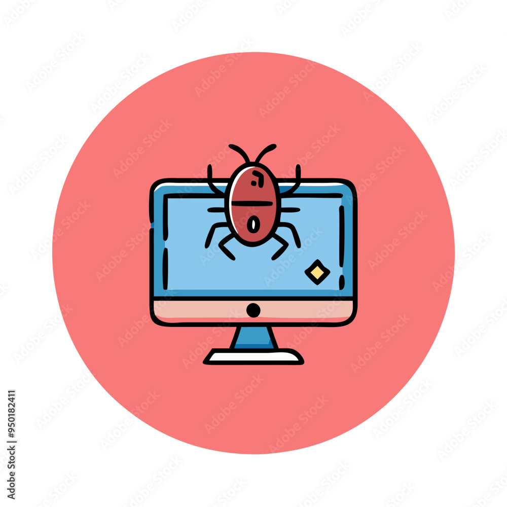 Naklejka premium Computer with bug icon illustration, cybersecurity threat, virus on monitor, red and blue color scheme